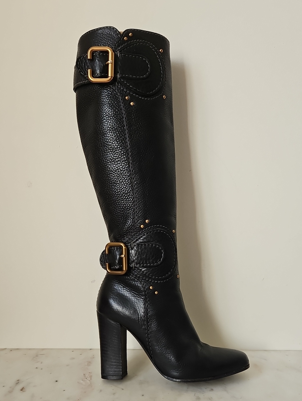 Chloe Black Tall Leather Buckle Heeled Boots